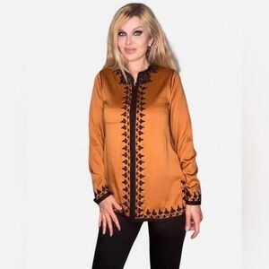 Women's Mustard Brown Exotic Satin Tunic with Black Embroidery and Beadwork